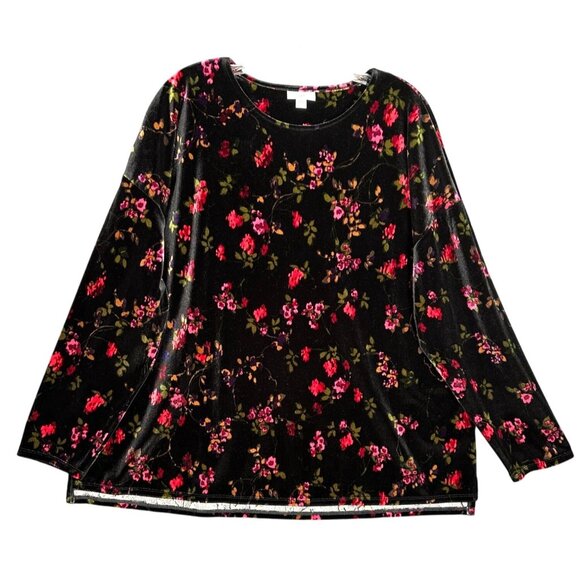 J. Jill Black Pink Velvet Floral Top Size XL Long Sleeve Cottage Whimsigoth Boho - Picture 1 of 8